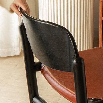 Traditional Vintage Square Oval Oiled Wax Leather Wood Dining Chair Backrest Armless For Dining Room
