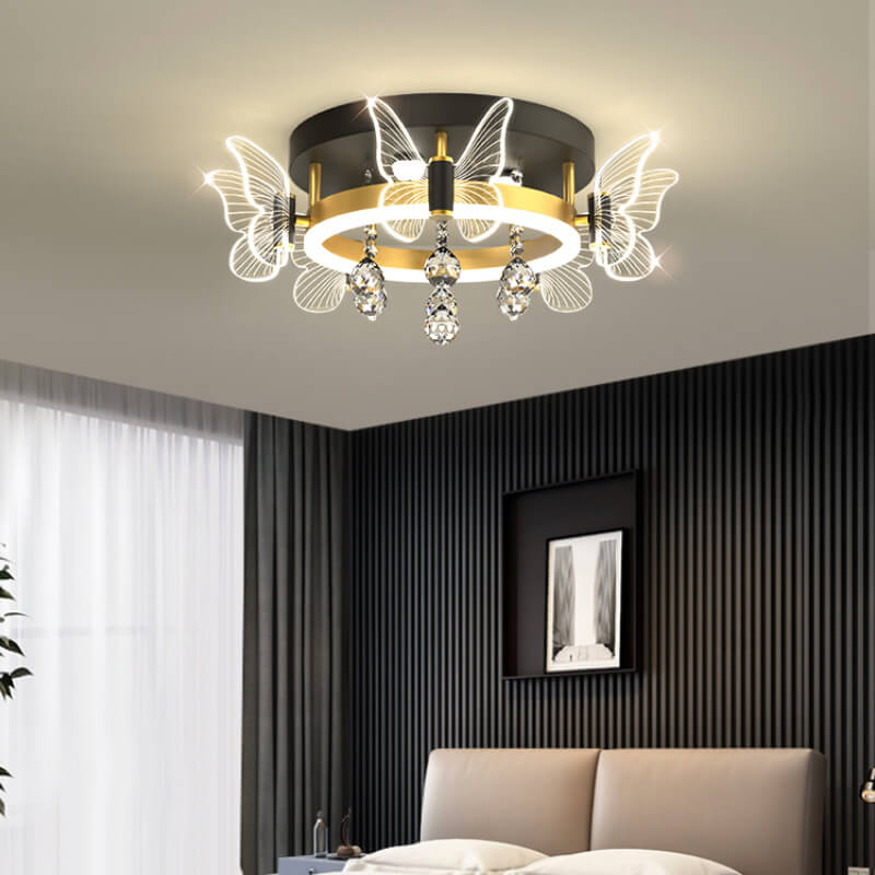 Modern Luxury Radiant Crystal Strings Butterfly Embellishment Round Shade LED Flush Mount Ceiling Light For Living Room