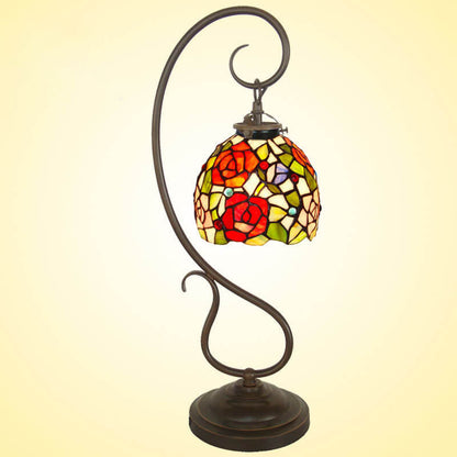 Tiffany Rose Lantern Stained Glass Metal 1-Light Table Lamp