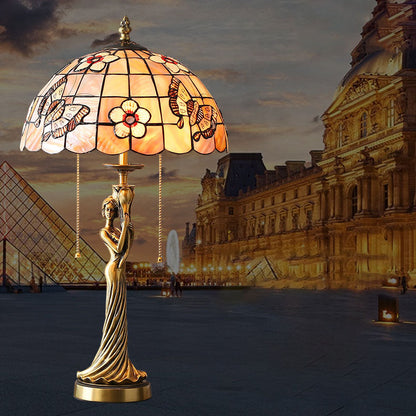 Tiffany Copper Goddess Statue Base Shell Decoration 2-Light Table Lamp