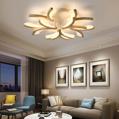 مصباح سقف LED شبه مدمج مصنوع من الخشب والحديد والأكريليك بتصميم أغصان أزهار إسكندنافية معاصر لغرفة المعيشة 