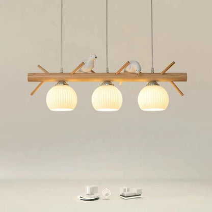 Traditional Japanese Wood Strip Glass Round Shade 3-Light Chandelier Island Light For Living Room
