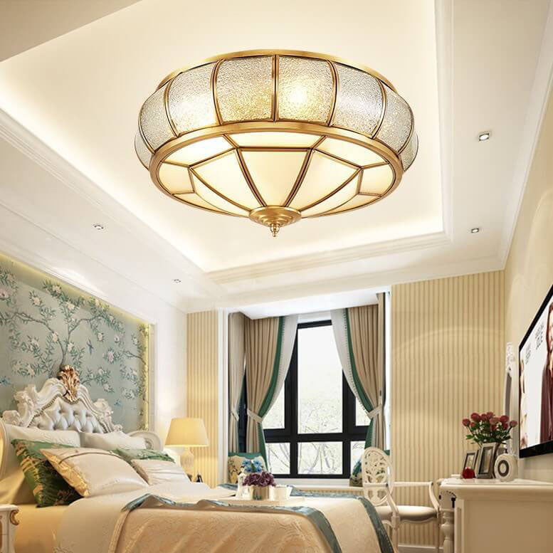 European Style Luxury Brass Glass Drum Cage 3/4/6 Light Flush Mount Ceiling Light