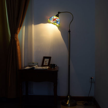 Traditional Tiffany Iron Glss Dome Round Dragonfly 1-Light Standing Floor Lamp For Bedside