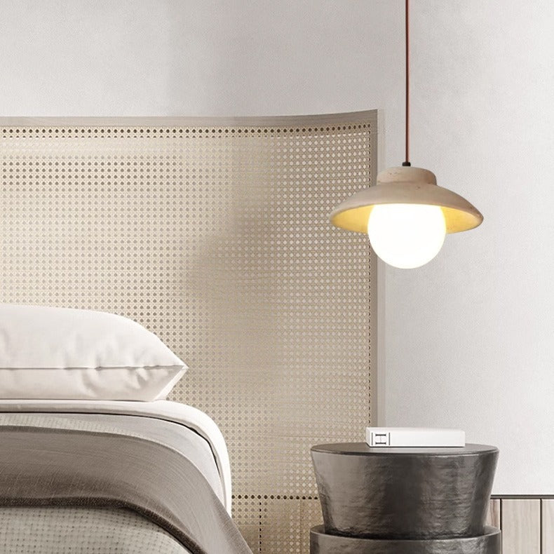 Traditional Vintage Bowl Shape Wood Natural Stone 1-Light Pendant Light For Bedroom