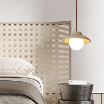 Traditional Vintage Bowl Shape Wood Natural Stone 1-Light Pendant Light For Bedroom