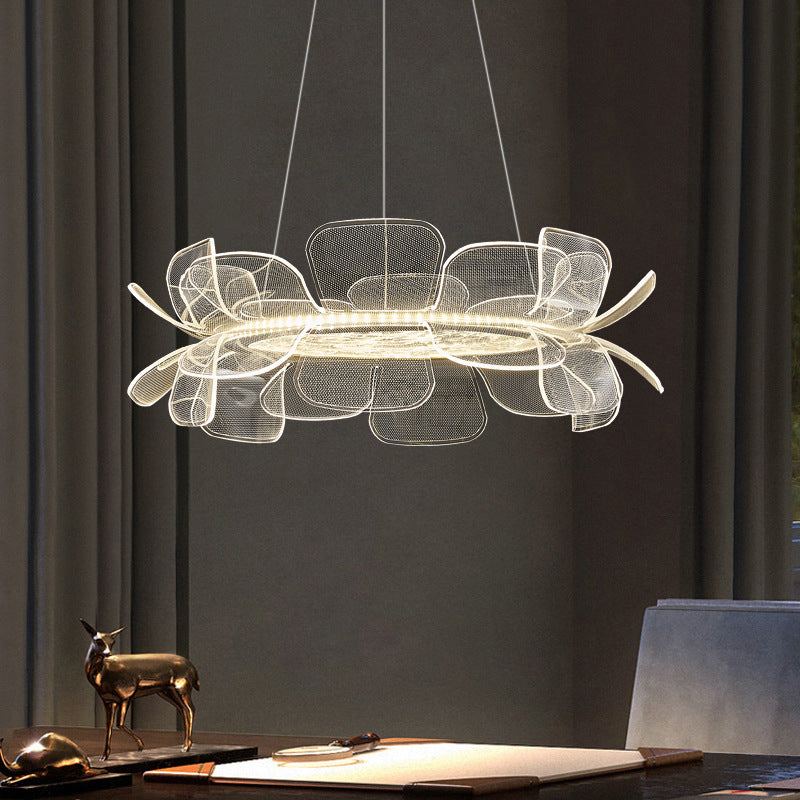 Modern Minimalist Round Flower Clear Metal Acrylic LED Island Light Chandelier For Dining Room