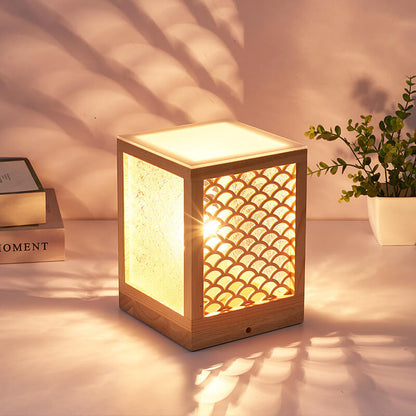 Japanese Harajuku Solid Wood Hollow Pattern Cube Acrylic 1-Light Table Lamp