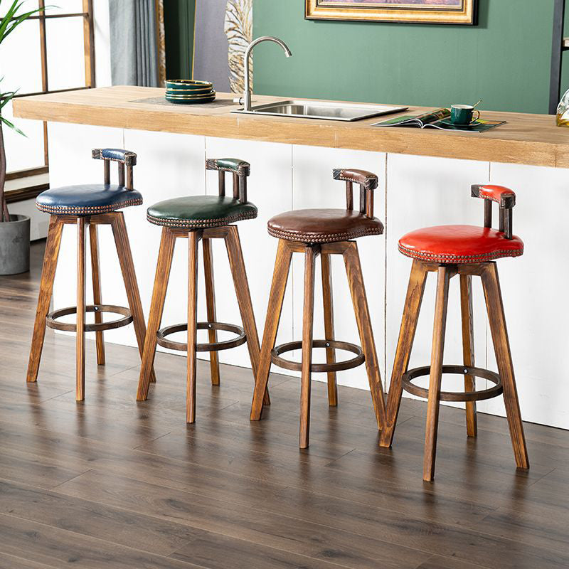 Contemporary Retro Round Faux Leather Wood Legs Swivel Bar Stool Low Back Footrest For Dining Room
