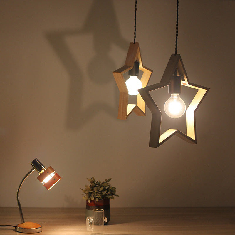 Contemporary Creative Solid Wood Pentagram Star 1-Light Pendant Light For Living Room