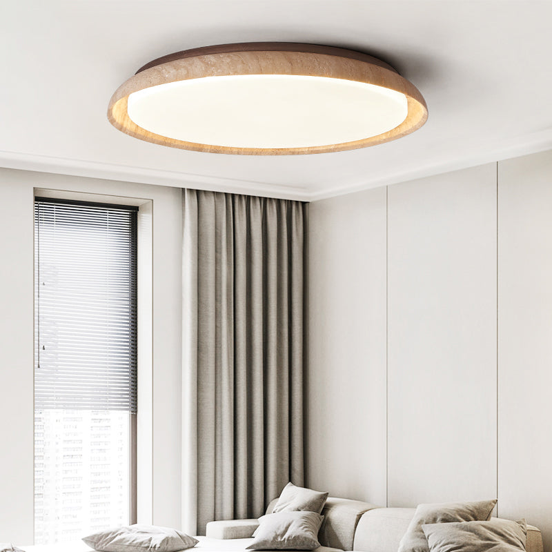 Traditional Japanese Round Disc Style Travertine Solid Wood Acrylic LED Flush Mount Ceiling Light For Bedroom
