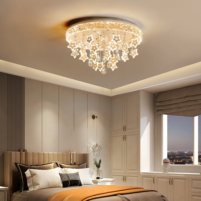 Contemporary Nordic Kids Iron Acrylic Crystal Round Star Pendant LED Flush Mount Ceiling Light For Bedroom
