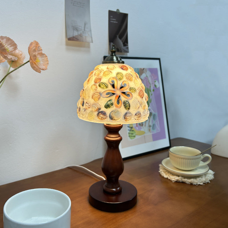 Traditional Vintage Wood Glass Hemispheroid Shell Lozenge 1-Light Table Lamp For Bedside