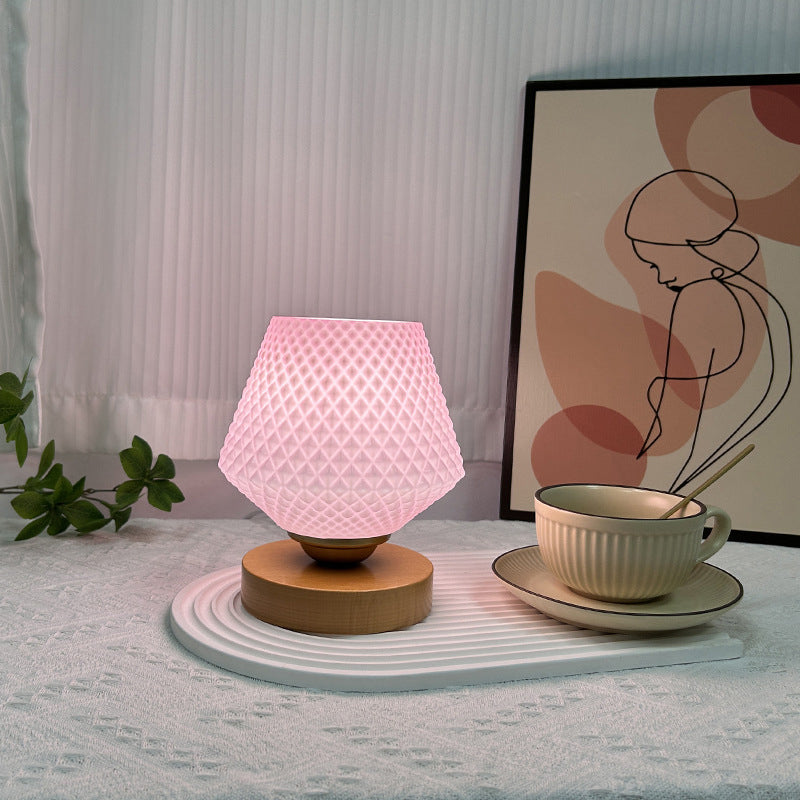 Contemporary Creative Wood Glass Tapered Ribbed Pattern 1-Light Table Lamp For Bedside