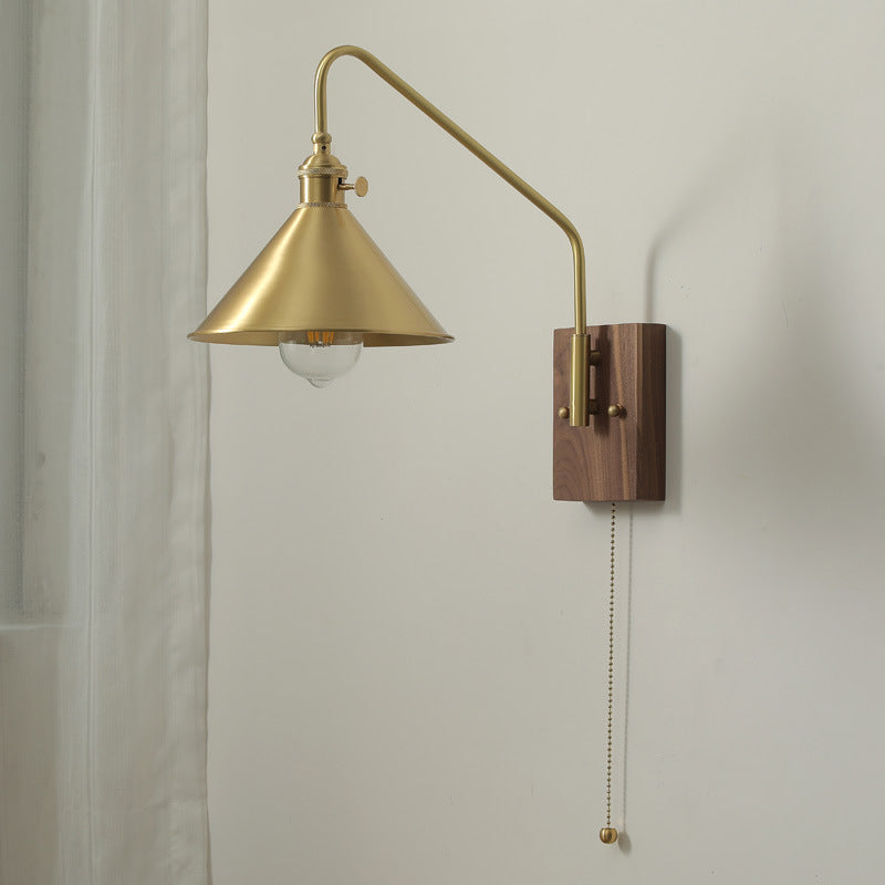 Contemporary Retro Brass Walnut Conic 1-Light Wall Sconce Lamp For Bedside