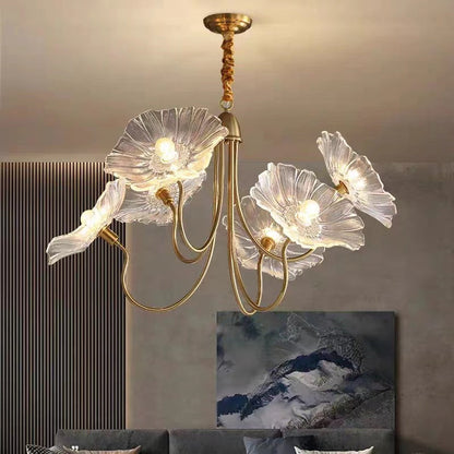 Modern Art Deco Gold Finish Frame Lotus Leaf Glass Shade 3/6-Light Chandelier For Living Room