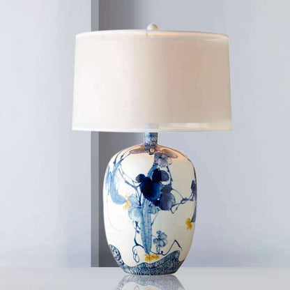 Traditional Chinese Fabric Round Shade Hand-painted Ceramic Vase Base 1-Light Table Lamp For Bedroom