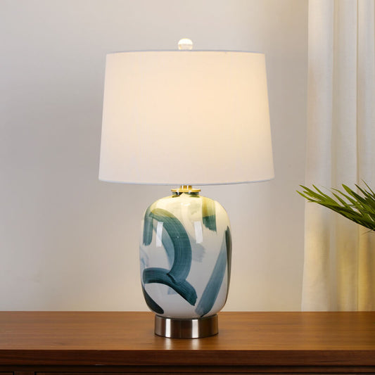 Vintage American Dome Fabric Shade Ink Ceramic Base 1-Light Table Lamp