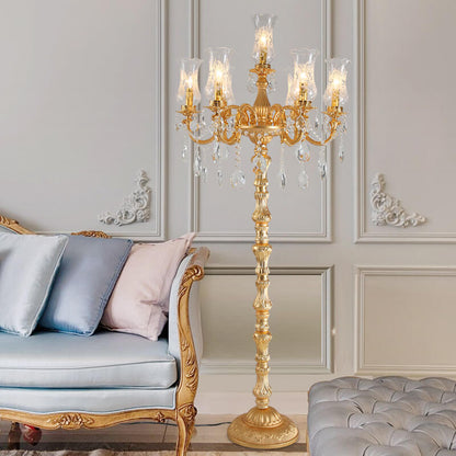 European Luxury Golden Crystal Zinc Alloy Candle Holder 7-Light Standing Floor Lamp
