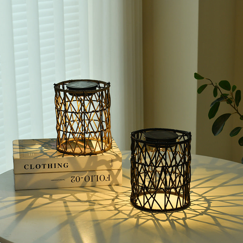 Solar Outdoor Rattan Weaving Cylinder Waterproof LED Garden Table Lamp