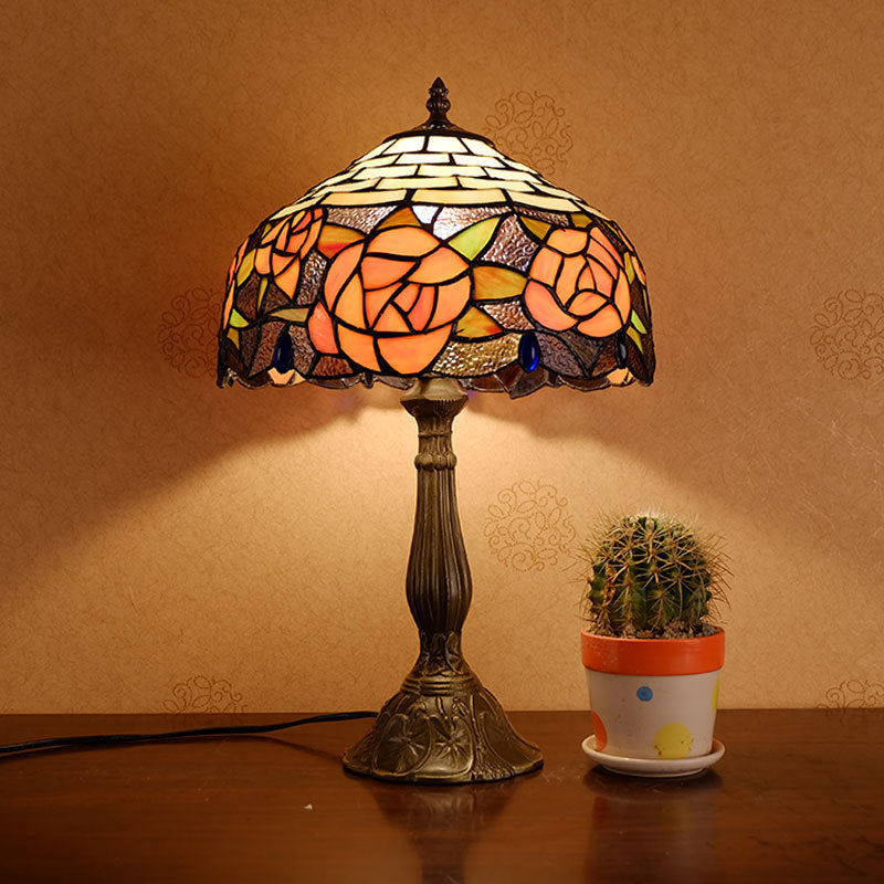 Traditional Tiffany Vintage Rose Stained Glass 1-Light Table Lamp For Study