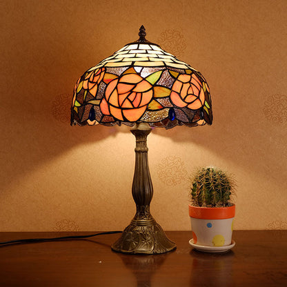 Traditional Tiffany Vintage Rose Stained Glass 1-Light Table Lamp For Study
