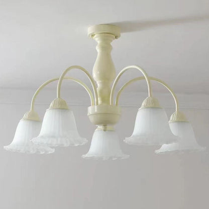 French Cream Glass Flower Shade 3/5/6/8 Light Semi- Flush Mount Ceiling Light