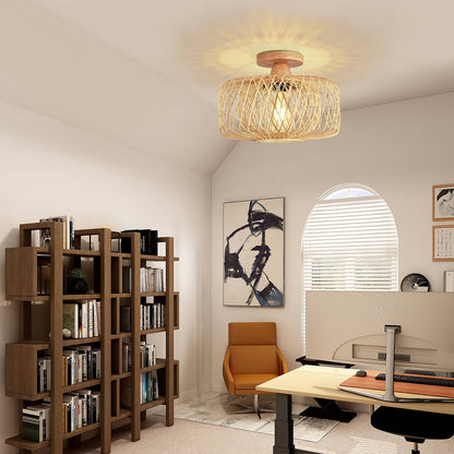 Contemporary Coastal Round Wood Bamboo Woven 1-Light Semi-Flush Mount Ceiling Light For Living Room