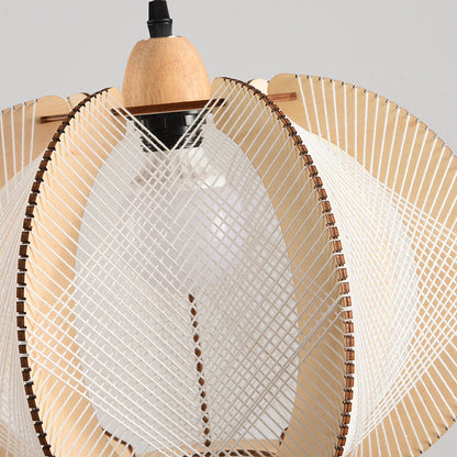 Traditional Japanese Pumpkin Round Twine Rope Wooden 1-Light Pendant Light For Bedroom