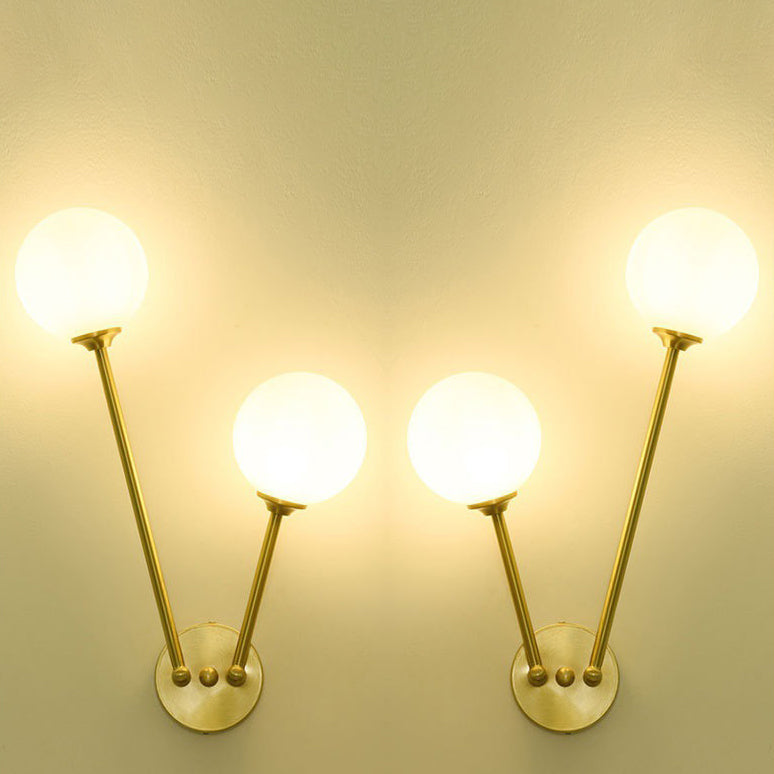 Contemporary Nordic Copper Glass Ball V-Shaped 2-Light Wall Sconce Lamp For Bedside