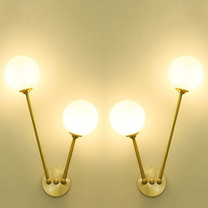 Contemporary Nordic Copper Glass Ball V-Shaped 2-Light Wall Sconce Lamp For Bedside