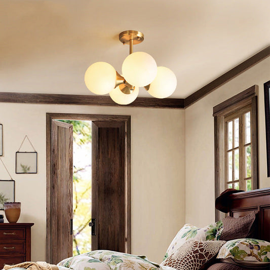 European Vintage Minimal Round Ball All Brass Glass 4-Light Semi-Flush Mount Light