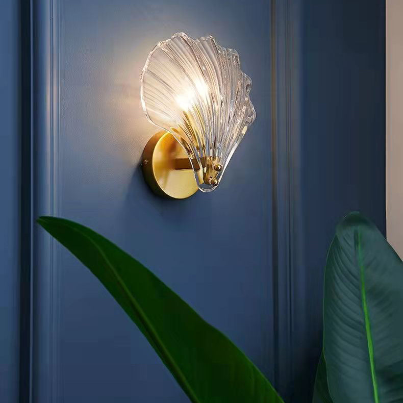 Contemporary Luxury Shell Glass Brass Finish Frame 1-Light Wall Sconce Lamp For Bedroom