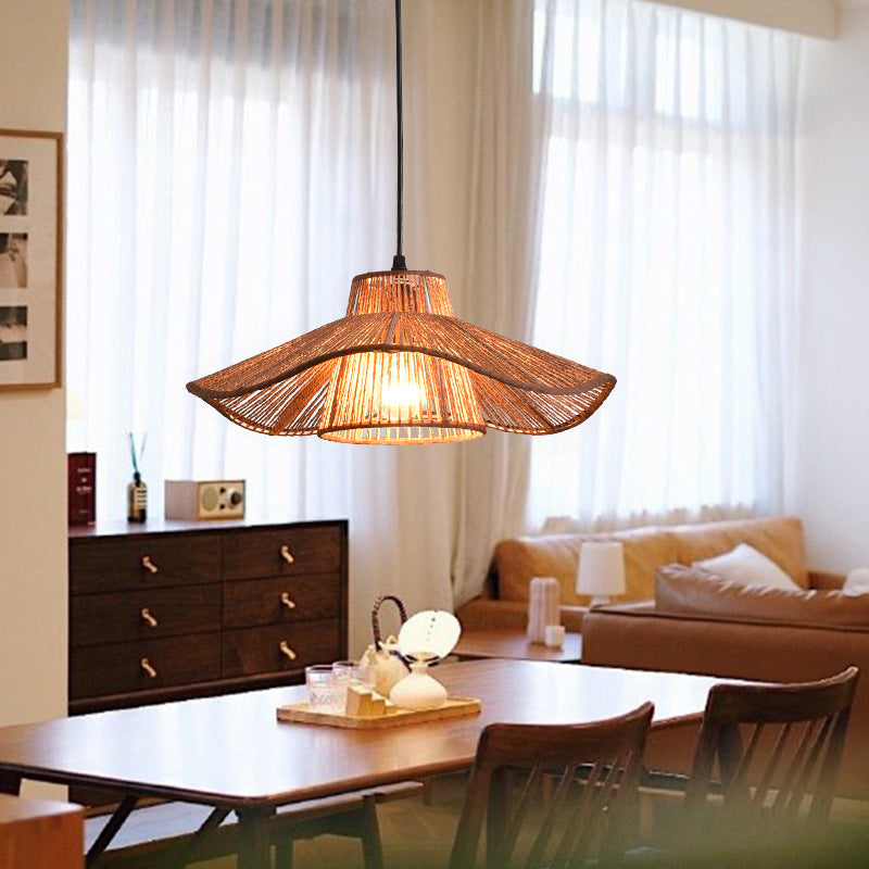 Traditional Vintage Weaving Iron Paper Rope Hat Cylinder 1-Light Pendant Light For Dining Room