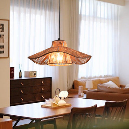 Traditional Vintage Weaving Iron Paper Rope Hat Cylinder 1-Light Pendant Light For Dining Room
