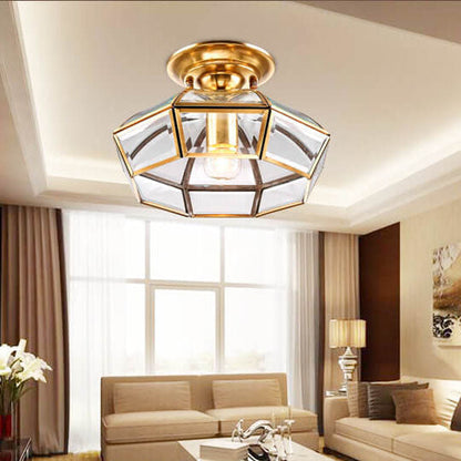 Modern Luxury Octagonal Brass Crystal Glass 1-Light Semi-Flush Mount Ceiling Light