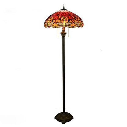 Vintage Tiffany Stained Glass Red Dragonfly 2-Light Standing Floor Lamp