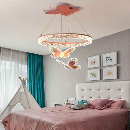 Contemporary Creative Kids Round Butterfly Iron Acrylic LED Chandelier For Bedroom