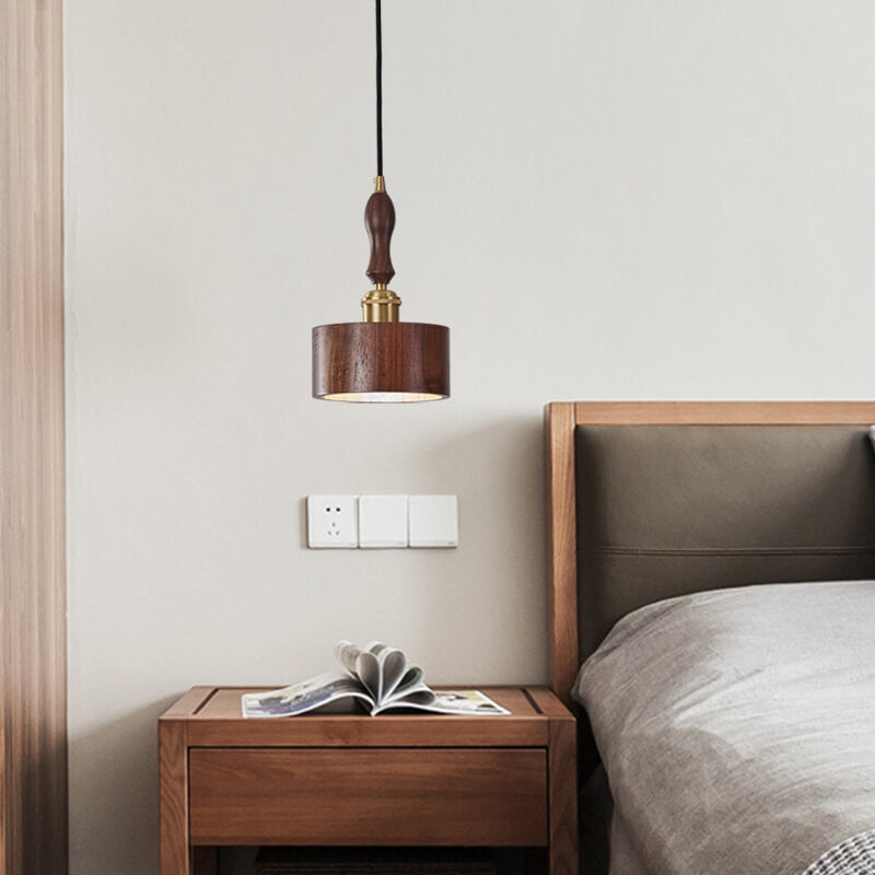 Japanese Brass Walnut Drum 1-Light Pendant Light