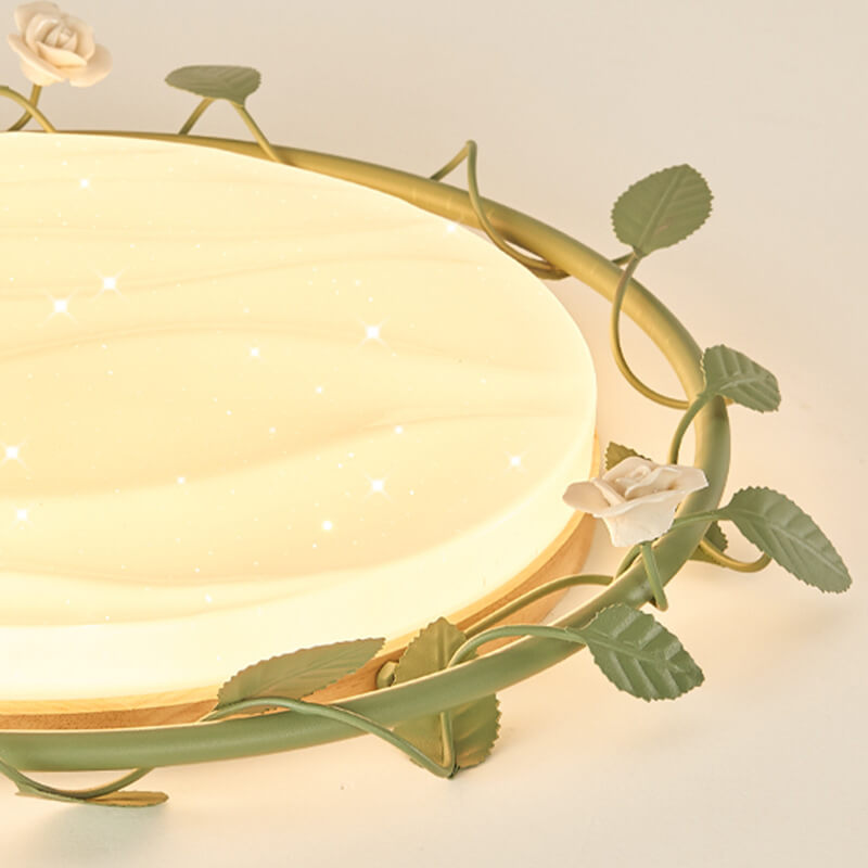 Modern Minimalist Disc Rose Rattan Wood Acrylic LED Flush Mount Ceiling Light