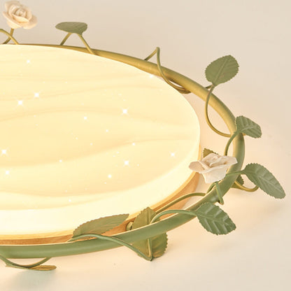 Modern Minimalist Disc Rose Rattan Wood Acrylic LED Flush Mount Ceiling Light