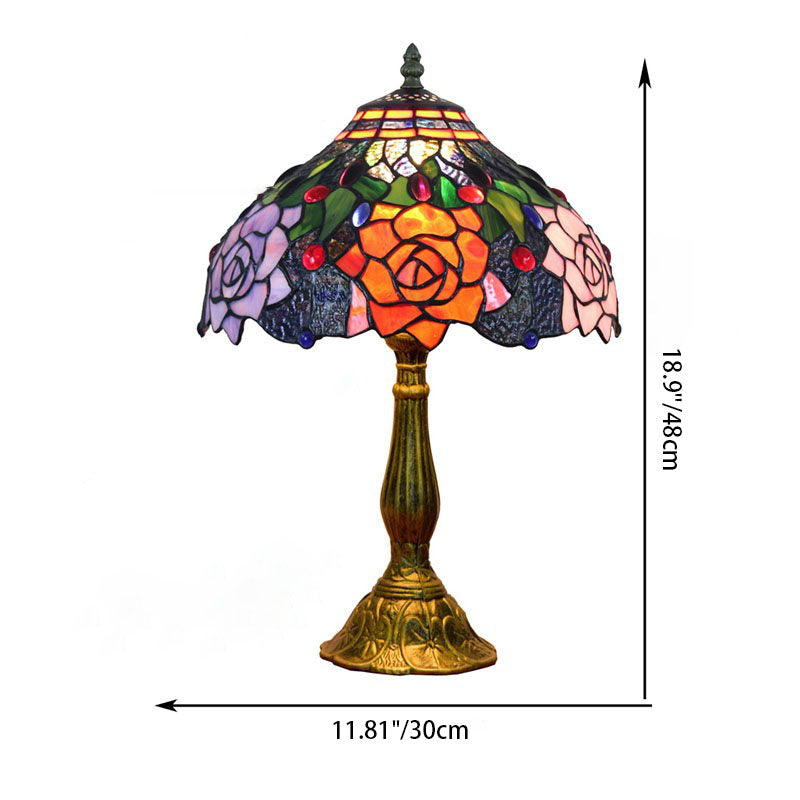 Traditional Tiffany Stained Glass Rose Shade Aluminum Alloy Base 1-Light Table Lamp For Study