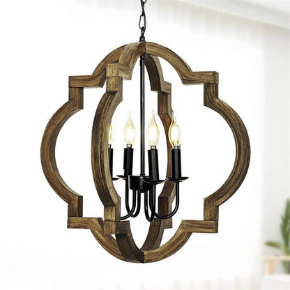 Industrial Creative Four-Sided Ring Candle Holder Iron Solid Wood 4-Light Pendant Light