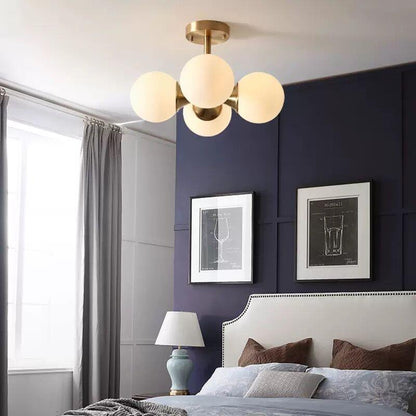 Modern Mid-Century Gold Finish Frame Glass Globe Ball 4-Light Chandelier For Living Room