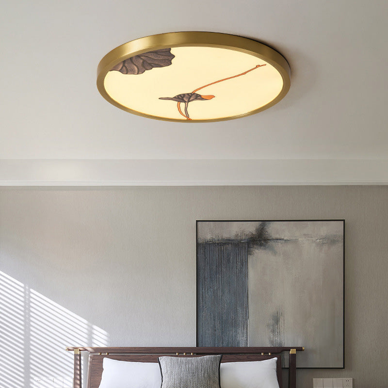 Traditional Chinese Copper Acrylic Round Lotus Bamboo Ginkgo Leaves LED Flush Mount Ceiling Light For Living Room