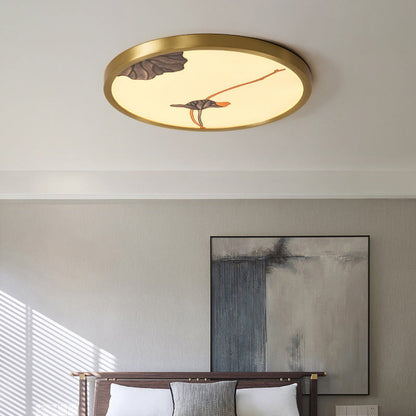 Traditional Chinese Copper Acrylic Round Lotus Bamboo Ginkgo Leaves LED Flush Mount Ceiling Light For Living Room