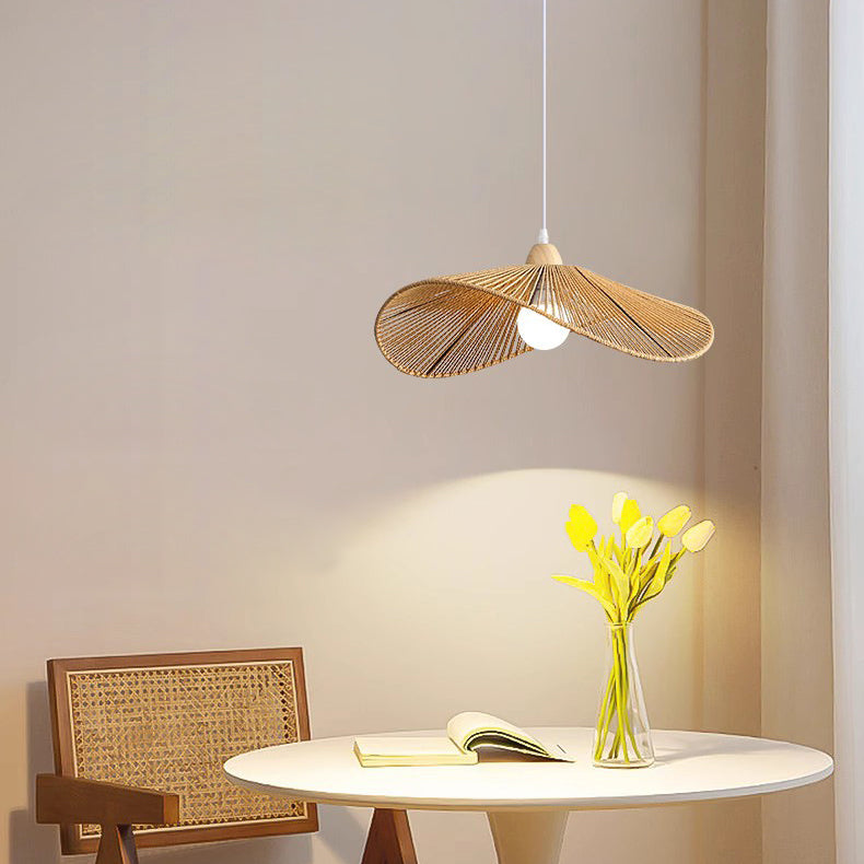 Traditional Vintage Wood Paper Rope Weaving Straw Hat Shape 1-Light Pendant Light For Living Room