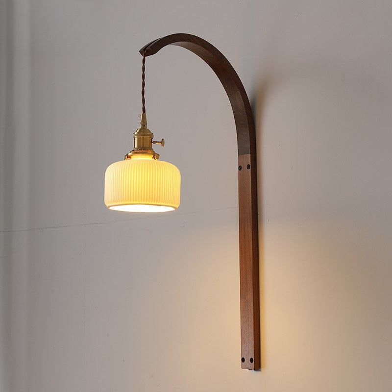 Traditional Japanese Round Ceramic Glass Shade Wood Curved Pole 1-Light Wall Sconce Lamp For Living Room