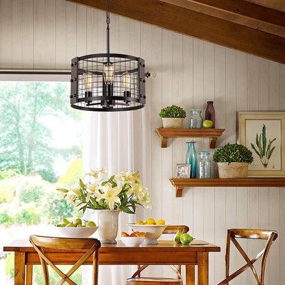 Industrial Vintage Iron Drum Shape 3-Light Chandelier