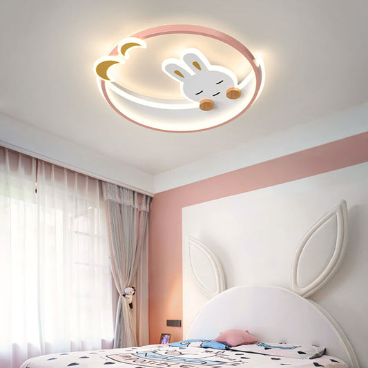 Modern Creative Cartoon Rabbit Iron Round LED Kids Flush Mount Ceiling Light